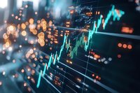 Financial market data visualization showing glowing turquoise trading chart with rising trend against dark background with blurred city lights bokeh effect.