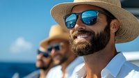 Smiling bearded man in straw hat and sunglasses enjoying sunny day on yacht deck with friends in background. Summer vacation and luxury lifestyle concept.