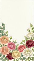 Elegant floral frame with ranunculus flowers in coral, pink, burgundy and cream tones with green foliage on soft beige textured background for invitations.