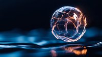 Glowing digital globe with network connections floating above reflective surface on dark background for technology and global communication concepts.