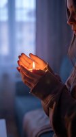 Young Caucasian woman holding a glowing candle in cupped hands indoors at dusk, warm candlelight contrasting with cool blue ambient light.