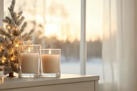 Cozy winter evening with glowing candles and small decorated Christmas tree on windowsill against blurred snowy sunset background creating peaceful atmosphere.