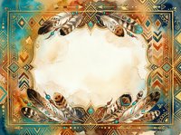 Ornate boho frame with feathers and geometric patterns in warm earth tones and turquoise, featuring central white space for text or design placement.