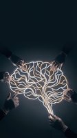 Glowing neon brain outline held by multiple hands in circle, symbolizing teamwork, innovation, and collective intelligence for business and creative collaboration concepts.