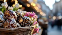 Decorated Easter eggs with intricate floral patterns in wicker basket against blurred city lights and spring flowers, creating festive holiday atmosphere.