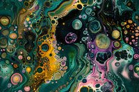 Abstract fluid art background with vibrant emerald, gold, and pink swirls creating cosmic-like patterns. Perfect for modern interior design, wallpaper, and creative projects.