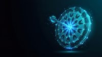 Glowing blue digital dartboard with geometric wireframe design and bright center target on dark background for business and goal achievement concepts.