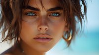 Young woman with striking blue eyes and freckled skin enjoying summer beach vacation with tousled brown hair and natural makeup in bright sunlight.