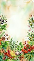 Watercolor culinary frame with fresh herbs, vegetables and spices arranged on cream background, ideal for food blogs, recipes and cooking content.