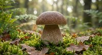 Fresh porcini mushroom growing in natural forest environment with moss and fallen leaves, perfect for culinary and nature photography projects.