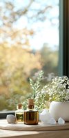 Essential oils in glass bottles with cork stoppers alongside healing crystals and delicate white flowers in ceramic vase, natural wellness setting by window.