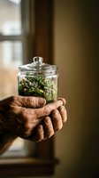 Elderly hands holding glass terrarium with succulent plants and moss in warm indoor setting for gardening and plant care concepts.