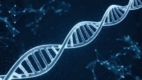 DNA double helix structure with molecular connections on dark blue background for genetic research, biotechnology and medical science applications.