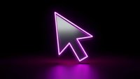 Glowing neon purple cursor arrow pointer with bright outline on dark background for digital interface design and technology concepts.