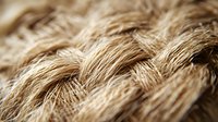 Close up macro shot of natural beige rope or twine texture showing detailed woven fibers and strands in soft warm lighting, creating an organic pattern.