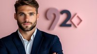 Young professional businessman with beard wearing navy suit and white shirt against pink wall with modern typography, confident expression for business.