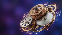 Golden mechanical gears and clockwork components floating with sparkling particles on purple gradient background for steampunk designs.