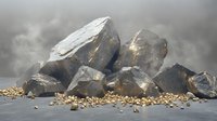 Dramatic composition of large granite boulders and small rocks on misty gray background, creating moody atmosphere for landscape and nature designs.