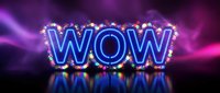 Glowing neon WOW text with colorful lights and purple background for entertainment, advertising, and promotional designs.