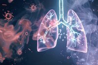 Glowing translucent human lungs with respiratory system visualization surrounded by virus particles in dark blue background for medical education.