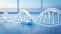 DNA double helix structure with blue capsules on laboratory surface representing genetic research and pharmaceutical development in biotechnology.