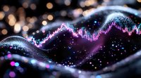 Abstract digital wave visualization with glowing particles and bokeh effects in purple and blue tones against dark background, representing data flow and technology.