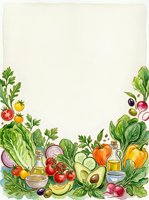 Watercolor illustration of fresh vegetables and fruits arranged at bottom border with lettuce, tomatoes, cucumbers, peppers, avocado, and oils on cream background for recipe cards and cooking designs.