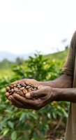 Farmer holding harvested cocoa beans in hands over plantation field, showing agricultural crop production and sustainable farming practices.