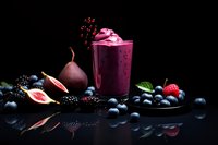 Purple berry smoothie with fresh fruits and berries on dark background for healthy nutrition and wellness lifestyle concepts.