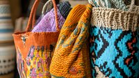 Colorful woven bags with ethnic patterns and geometric designs showcase traditional artisanal craftsmanship in vibrant orange, turquoise, and purple tones.