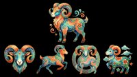 Decorative zodiac ram and goat symbols with ornate swirls and patterns in warm orange and cool teal tones. Isolated on transparent background, ready for t-shirt design, clipart, stickers, sublimation and print-on-demand projects.