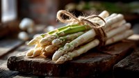 Fresh white asparagus bunch tied with twine on rustic wooden cutting board, moody natural lighting creates dramatic food photography atmosphere.