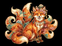 Ornate fox character with flowing golden tail and decorative flourishes, adorned with jewels and floral crown, isolated on transparent background ready for t-shirt design, clipart, stickers, and print-on-demand products.