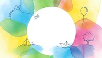 Colorful watercolor background with white circle frame and simple line drawings of kite, scissors, sailboat, paper boat, balloon and tree for design.