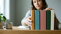 Woman with brown hair and light skin tone, wearing a white long-sleeved shirt, arranging colorful hardcover books on a wooden desk. Ideal for education, library, reading, and knowledge-related projects.
