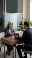 Professional business meeting between mature businesswoman and businessman discussing strategy in modern office with plants and natural lighting.