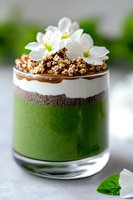 Layered green matcha dessert with chia seeds, cream, chocolate sauce and granola topped with white flowers, served in glass. Food photography.
