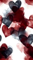 Watercolor hearts in deep red and charcoal gray float dreamily against white background, creating romantic pattern for valentines, wedding designs and love themes.