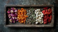 Colorful dried flowers and herbs arranged in rustic wooden box, overhead view on dark background. Natural botanical collection shows vibrant pink, orange, green, white and red specimens.