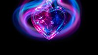 Glowing crystal heart with vibrant neon lights and energy swirls on dark background for romantic designs and digital art projects.