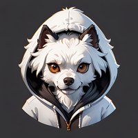 White arctic fox character wearing gray hoodie with confident smirk expression on dark background, stylized digital art illustration for gaming or mascot design.