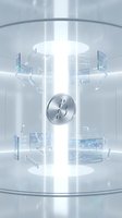 Futuristic cryptocurrency mining chamber with glowing Bitcoin symbol and circuit board elements in white high-tech laboratory environment.