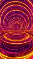 Glowing neon spiral tunnel in orange and purple colors creating dynamic circular motion effect with light trails and reflective surface. Abstract background for modern design.