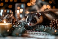 Adorable ferret nestled among pine branches and pinecones with warm bokeh lights creating magical holiday atmosphere for seasonal greeting cards.