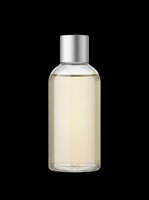 Glass bottle with golden liquid and silver cap, isolated on transparent background. Ready for cosmetic, skincare, or fragrance design use in stickers, t-shirts, and print on demand.