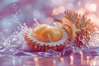 Fresh durian fruit with water splash and droplets on pink and purple background with bokeh lights creating magical atmosphere and exotic mood.