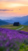 Rustic wooden cabin on rolling hills with lavender field in foreground, winding path, and misty mountain ranges during golden sunset creating dreamy atmosphere.