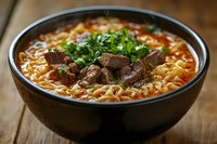 Hearty beef noodle soup with tender meat chunks, fresh herbs and spicy broth served in black ceramic bowl on rustic wooden table. Asian cuisine comfort food.