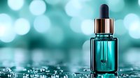Turquoise glass dropper bottle with essential oil or serum on water surface against blurred bokeh background, reflecting luxury skincare and beauty concept.