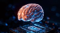 Glowing brain hologram floating over computer processor with neural network connections in orange and blue neon lights on dark background. Artificial intelligence concept.